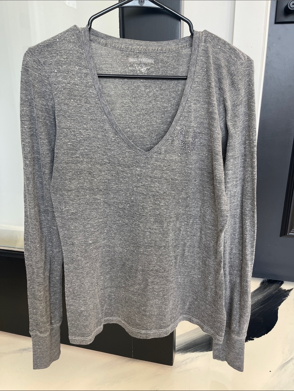 True Religion Gray V-Neck Long Sleeve Tee
